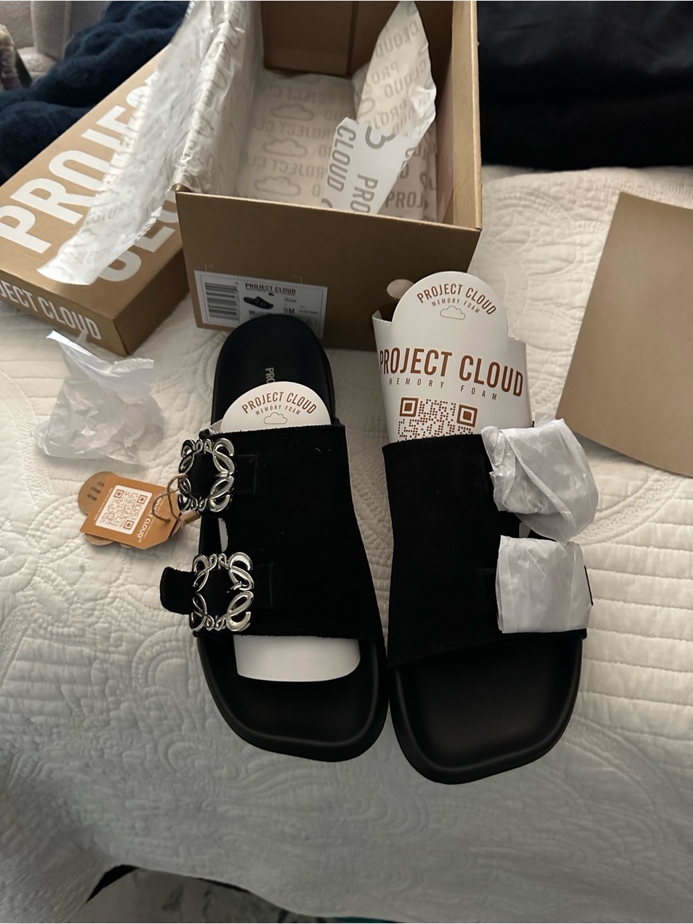 Project Cloud Black Suede Slide Sandals with Silver Buckle Accents